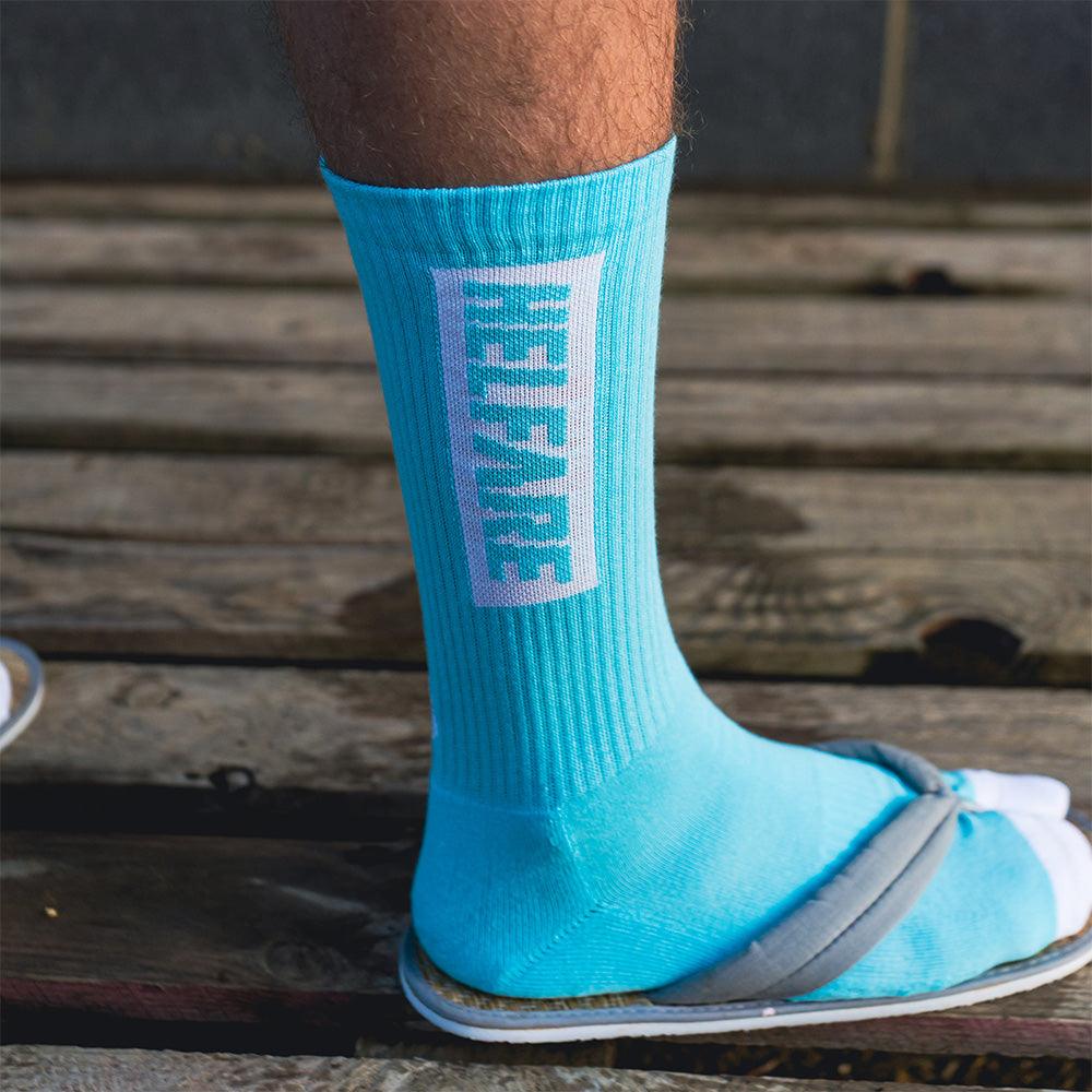 Blue Box Logo Crew Sock | HELFARE High Performance MTB Kit