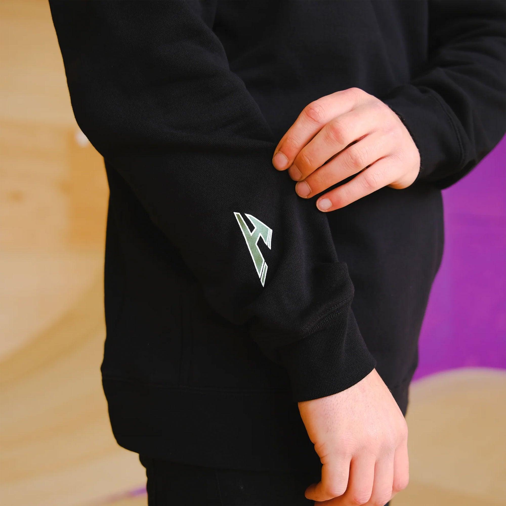 HELFARE Varsity Hoodie I Black | Arm Stamp